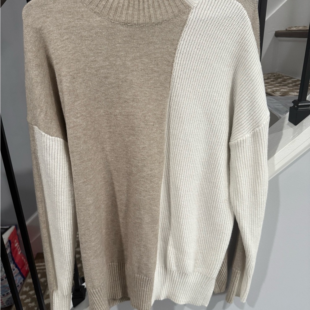Two-Tone Beige and White Turtleneck Sweater